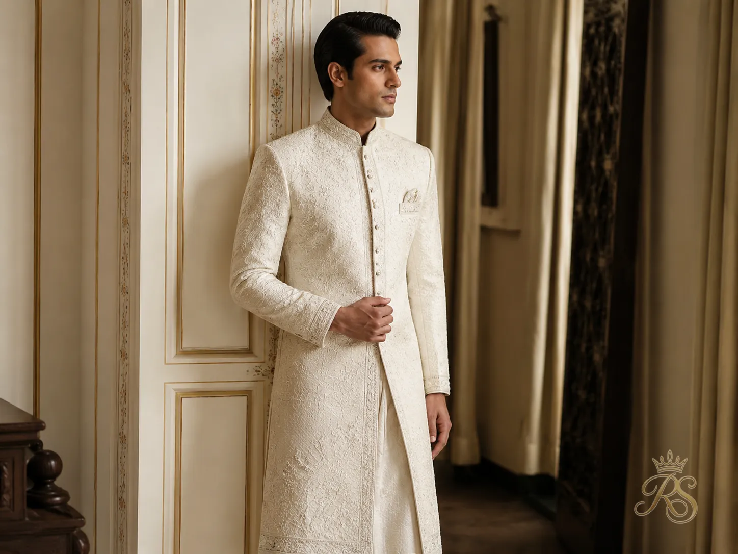 Groom in an ivory chikankari achkan with elegant floor-length silhouette and refined detailing